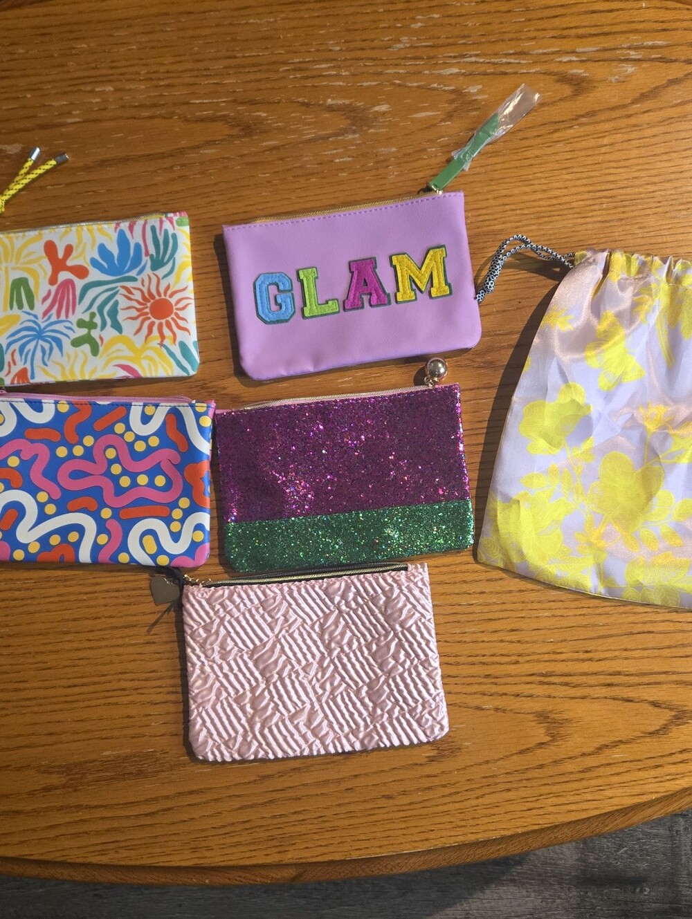 ipsy Purple 'GLAM' Cosmetic Pouch with Multicolor Patchwork Set Of 6 Bags